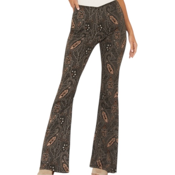 Rock & Roll Denim Paisley Print High Rise Bargain Bell Pull On Flare Jeans 28x30 - Picture 2 of 9